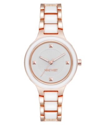 Nine West Women's Quartz Round White Enamel and Rose Gold-Tone Metal Alloy Watch, 32mm