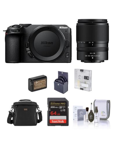 Беззеркальная камера Nikon Z 30 DX-формата с объективом Nikon NIKKOR Z DX 18-140mm f/3.5-6.3 VR, комплект с картой памяти 64 ГБ, сумкой, батареей и защитой экрана