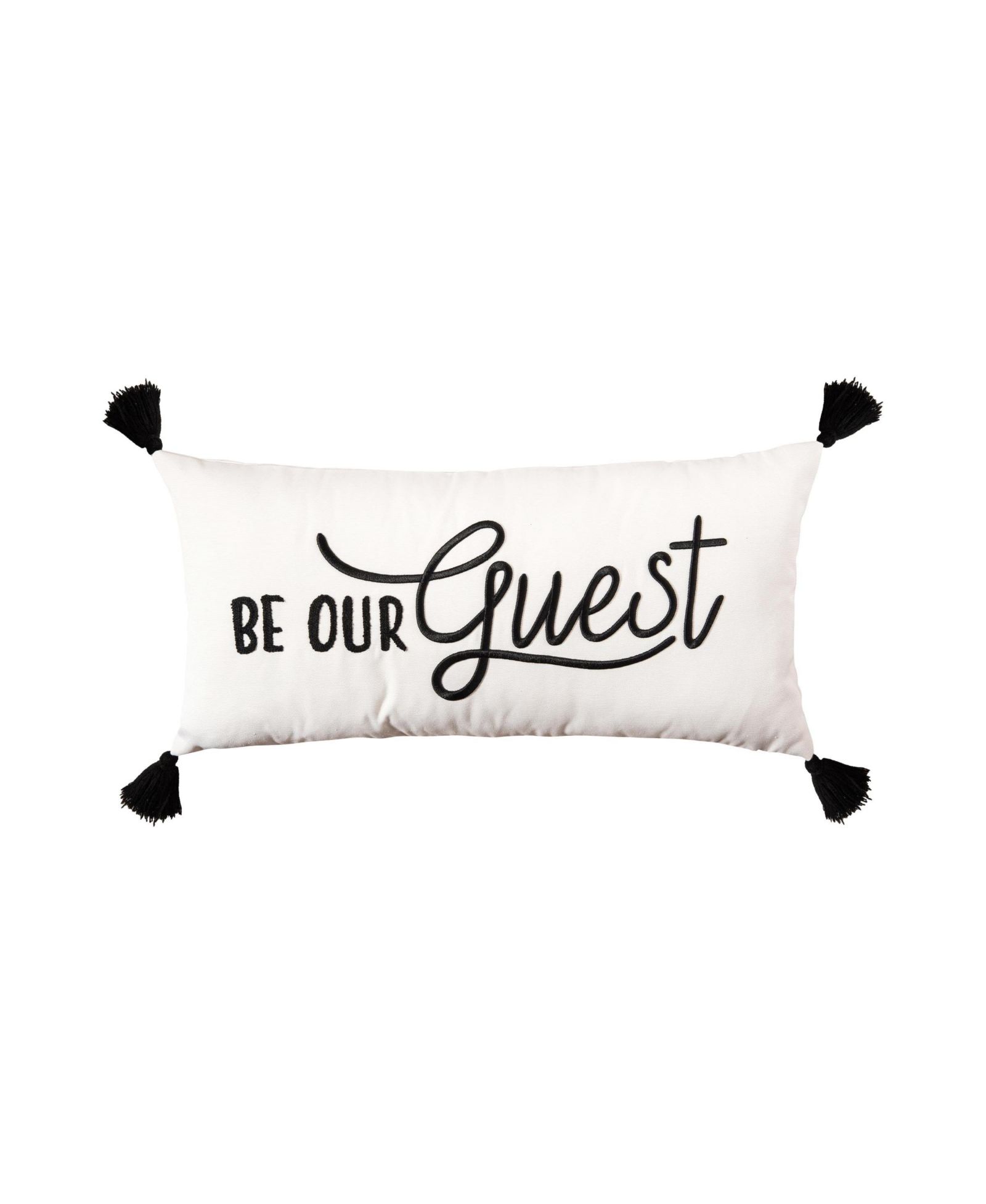 Decorative "Be Our Guest" Cursive Script Embroidered Accent Pillow, 12" x 24" w/ Black Tassels
