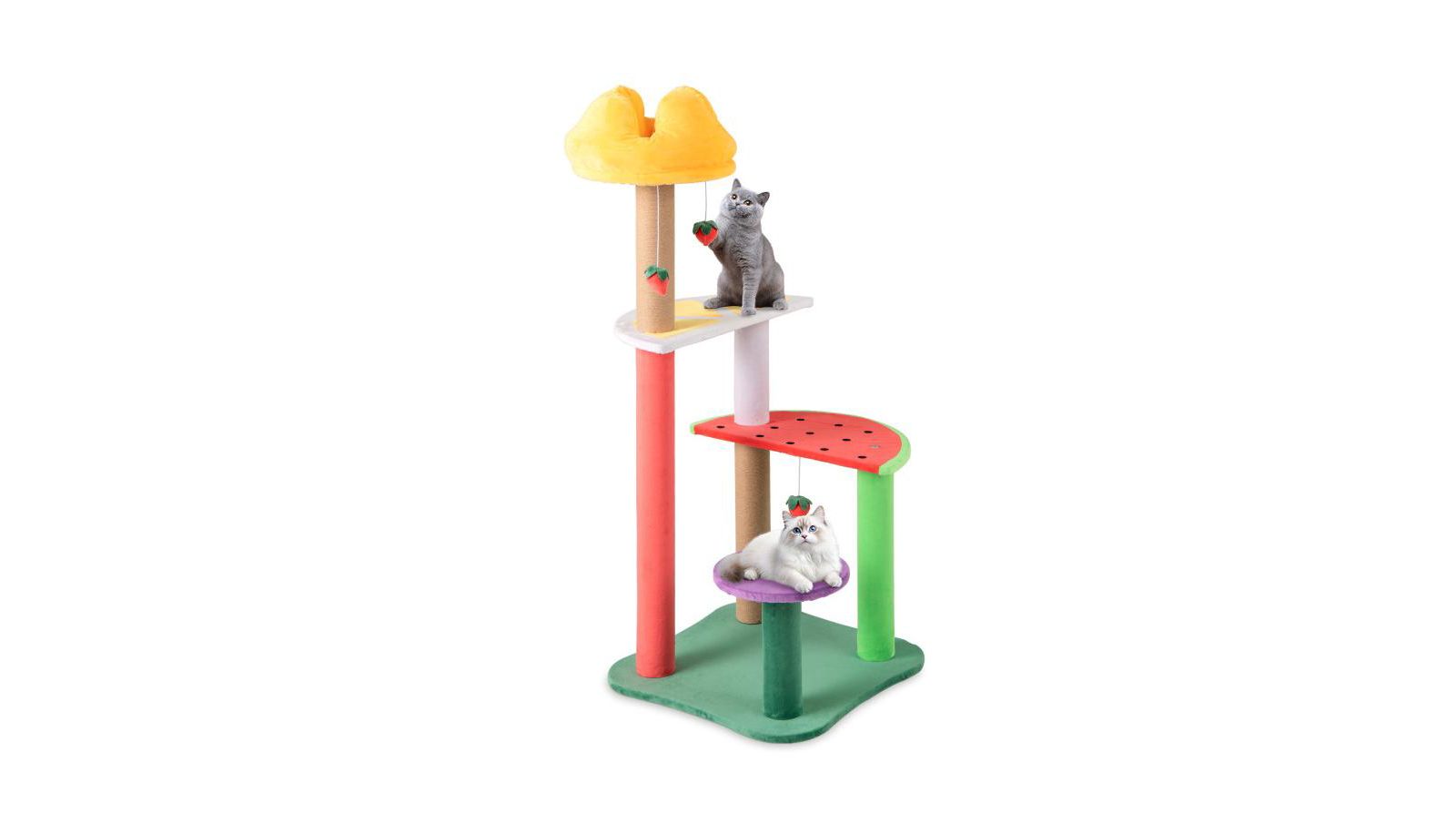 Multi-Level Cat Tree with Plush Padded Perch & Fruit-Shaped Platforms Fun & Cozy Play Tower for Cats