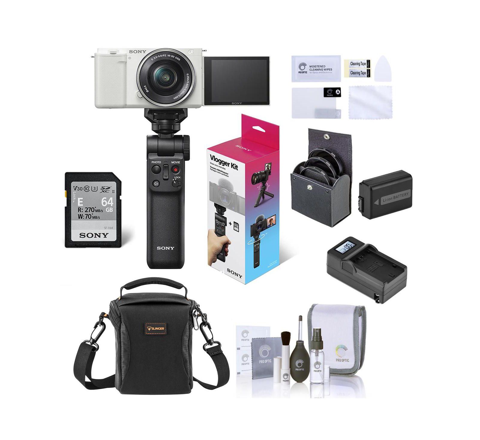 Sony ZV-E10 беззеркальная влог-камера с объективом 16-50mm, White — комплект с аксессуарами для влога, сумкой, защитным экраном и дополнительным аккумулятором