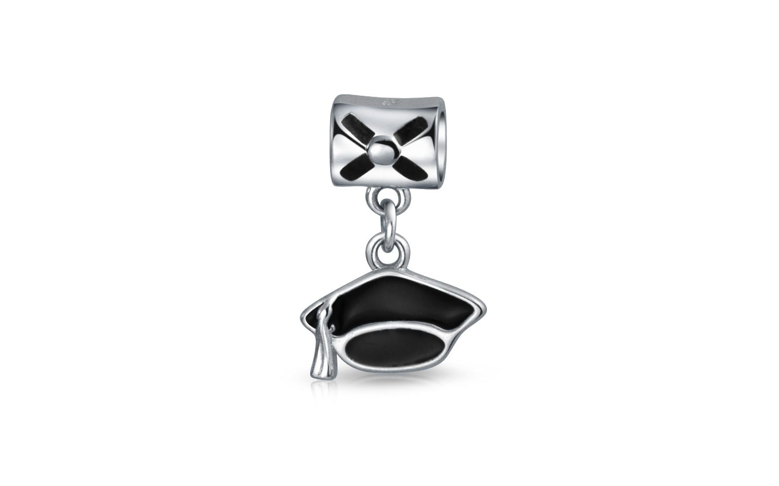 Bling Jewelry Oval Black Graduation Cap Dangle Charm Bead for Bracelet Sterling Silver