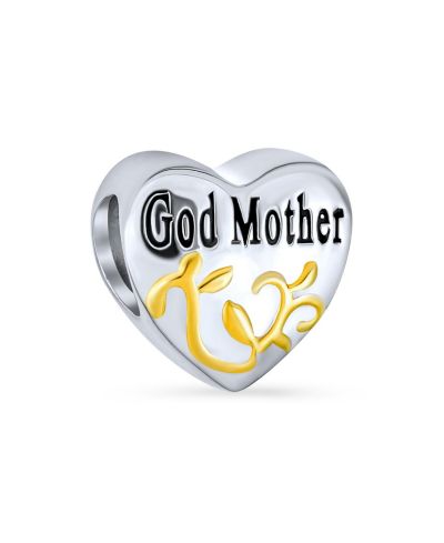 Брелок Bling Jewelry Sterling Silver Heart Shaped Word God Mother Charm Bead Two Tone 14K Gold Plated Scroll для браслета