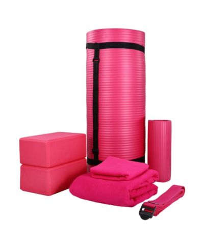 BalanceFrom Fitness 7 Piece Yoga Set with Mat, Stretch Strap, and Knee Pad, Pink