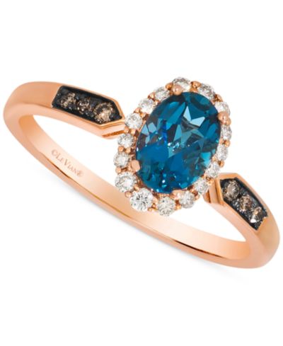 Le Vian кольцо с голубым топазом London Blue и бриллиантами, розовое золото 14k, овальное halo