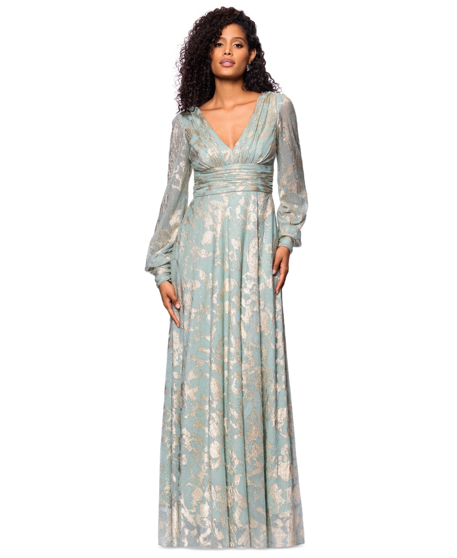 Платье Betsy & Adam Petite V-Neck Long-Sleeve A-Line Gown