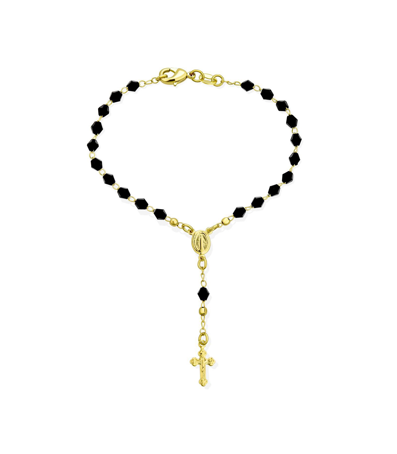 Bling Jewelry Religious Black Beads Virgin Mary Rosary Bracelet Prayer Gold Plated 7"