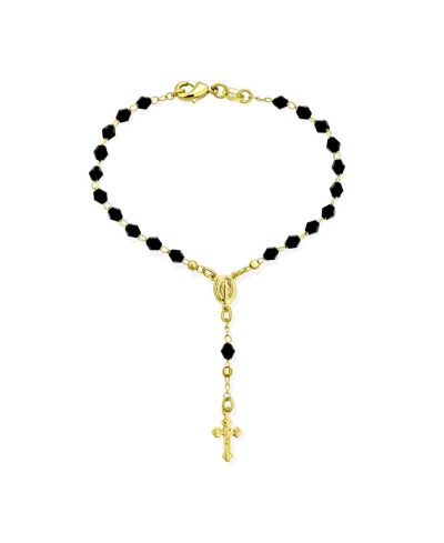 Браслет-розарий Bling Jewelry, христианский религиозный, черные бусины, Дева Мария, распятие, позолота Yellow Gold