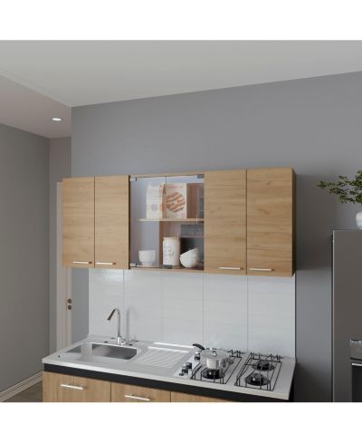 Настенный шкаф FM FURNITURE Lydia Melamine с 4 дверцами и стеклянным хранением Natural Oak