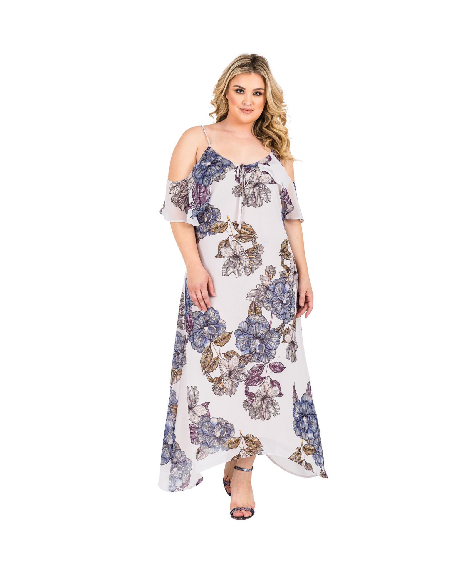 Standards & Practices Plus Size Floral Chiffon Cold Shoulder Ruffle Dress