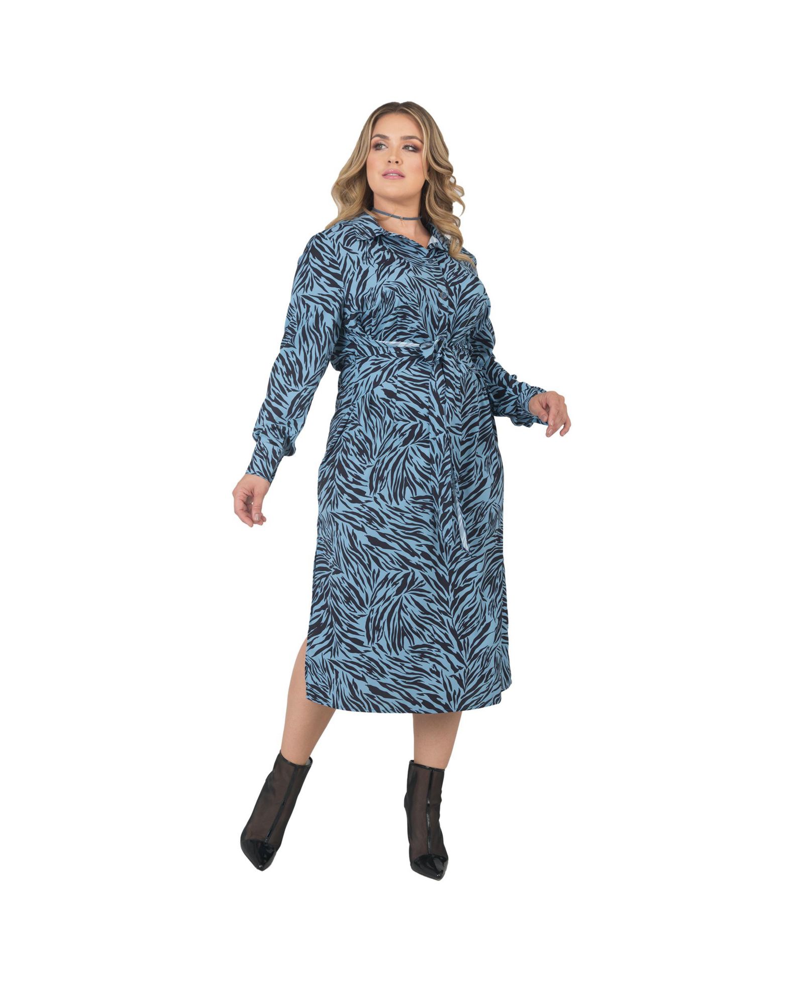 Standards & Practices Plus Size Long Sleeve Zebra Print Tie-Front Midi Shirt Dress