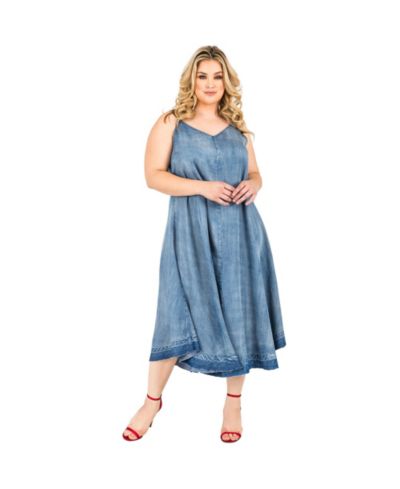 Plus Size Женский Denim Tencel Raw Hem Midi Slip Dress