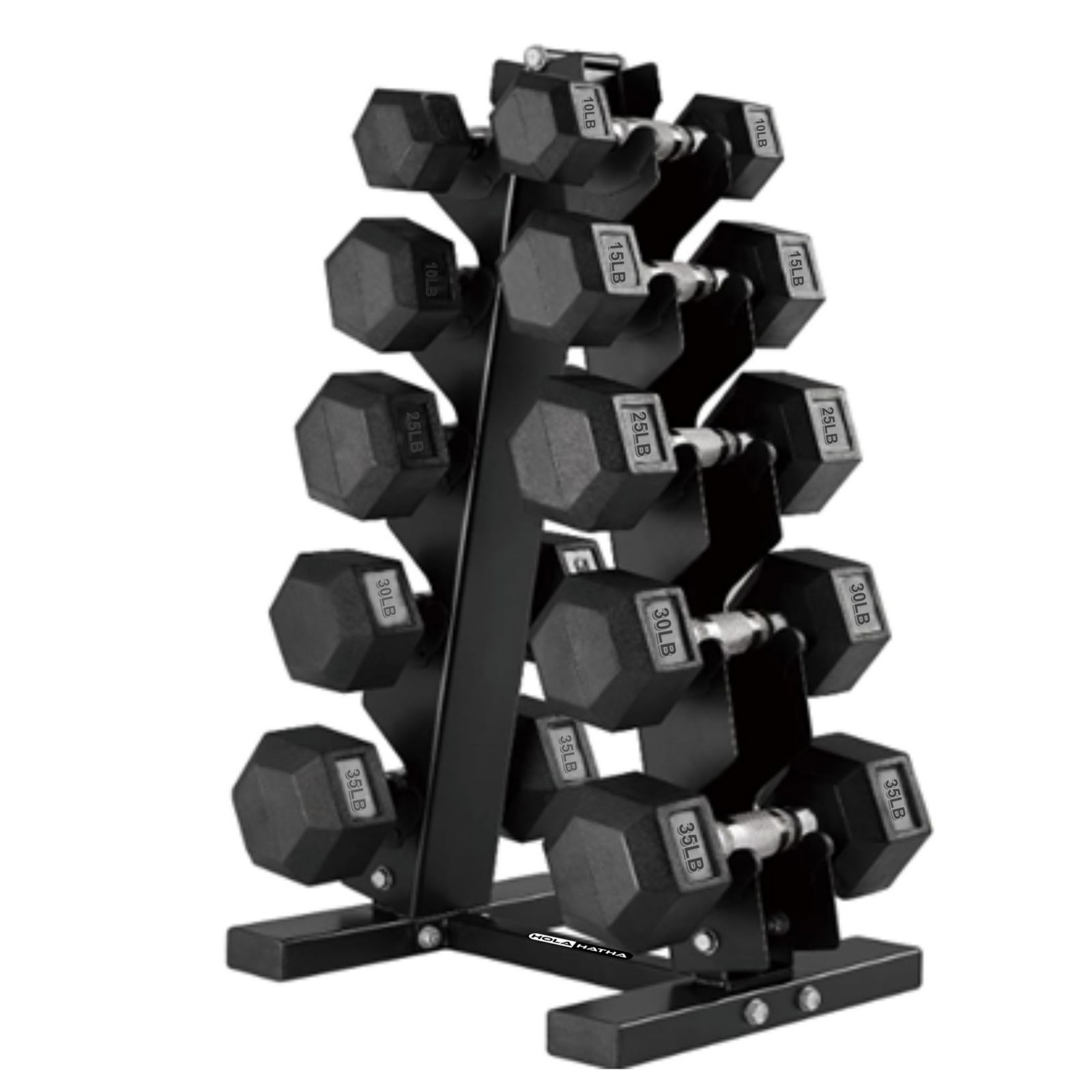 HolaHatha 10, 15, 25, 30 and 35 Lb Hexagonal Dumbbell Weight Set w/ Rack, Black