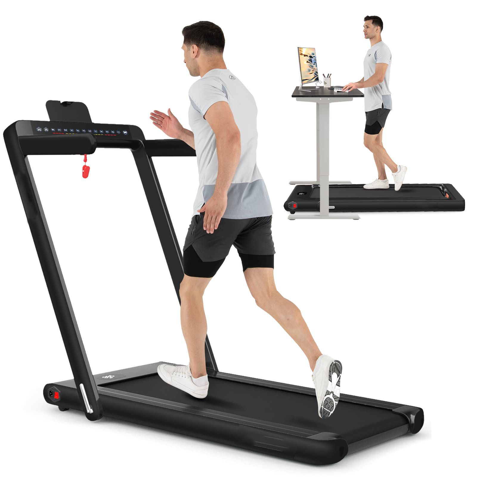 2 in 1 Folding Treadmill with Dual Display, 2.25HP Superfit Under Desk Electric Pad Treadmill, Installation-Free, Blue Tooth Speaker, APP Control, Remote Control, Walking Jogging for Home