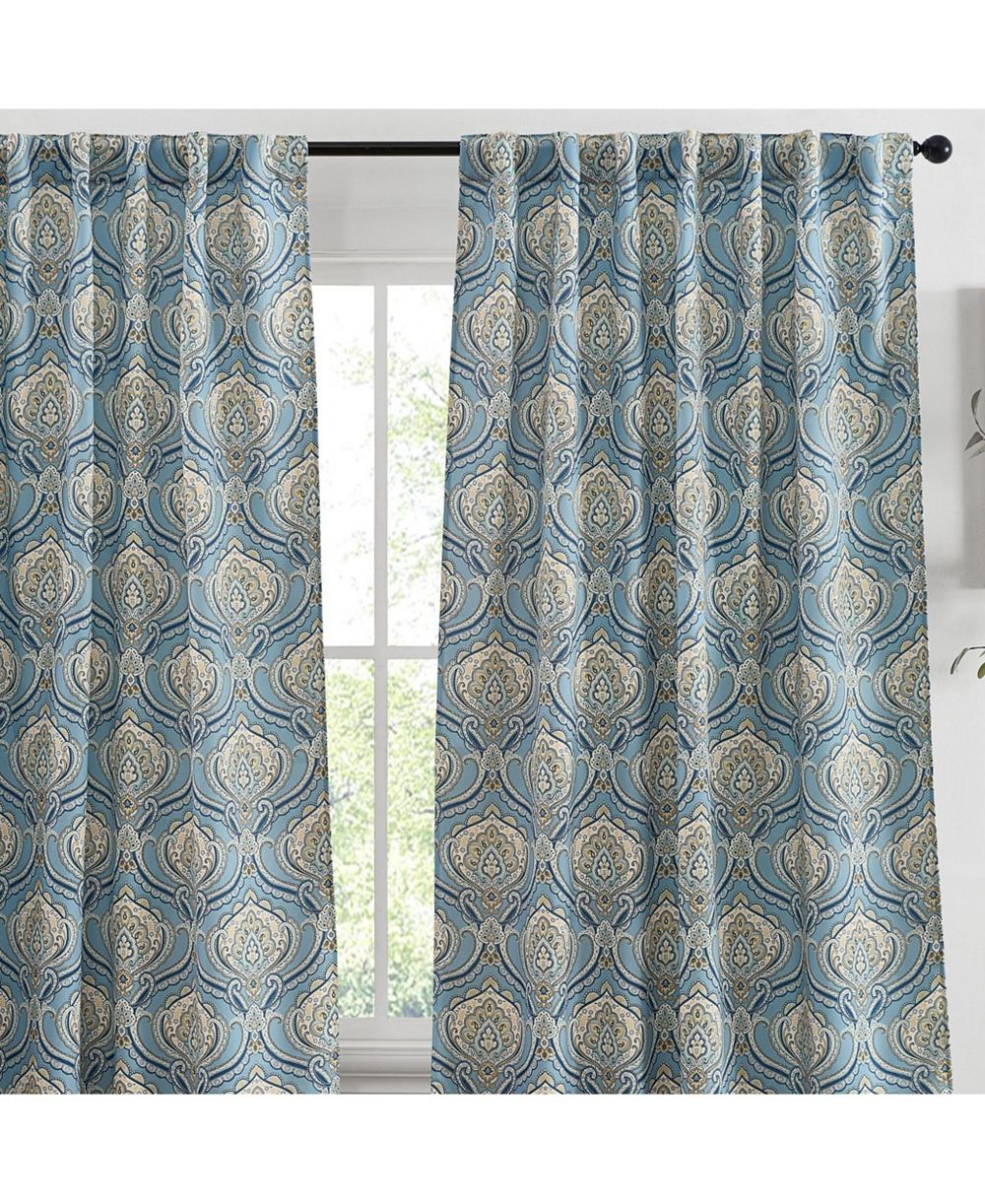 HLC.ME Messina Paisley Damask Patterned Back Tab Rod Pocket Curtains - Light Blocking Darkening Window Panels, Set of 2 (Blue/Yellow, 52 W x 96 L)