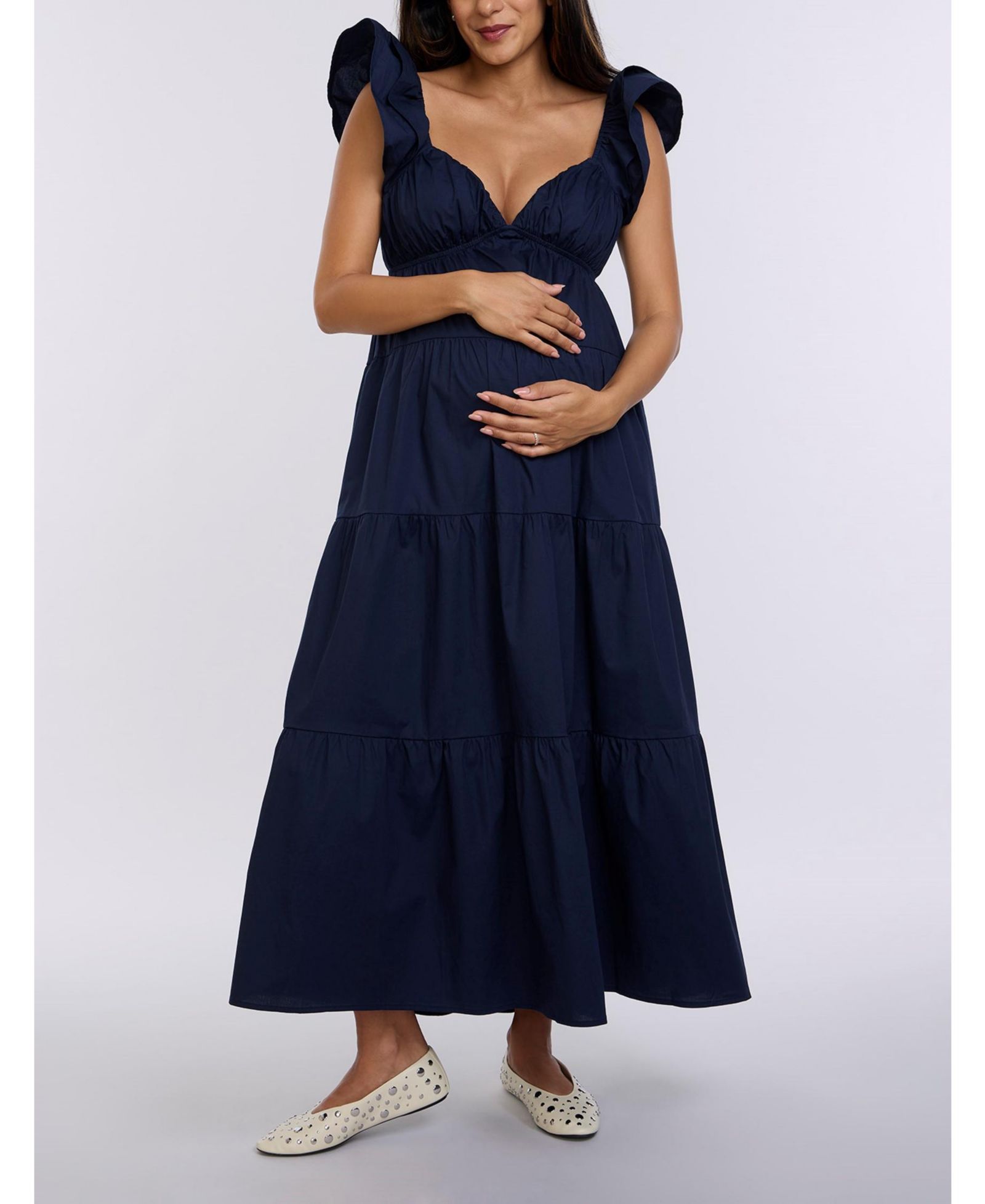 Женское платье Motherhood Maternity Ruffle Sleeve Tie-Back Maxi