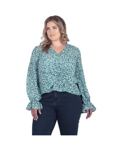 Женская блузка Plus Size с длинным рукавом-трубой и V-образным вырезом