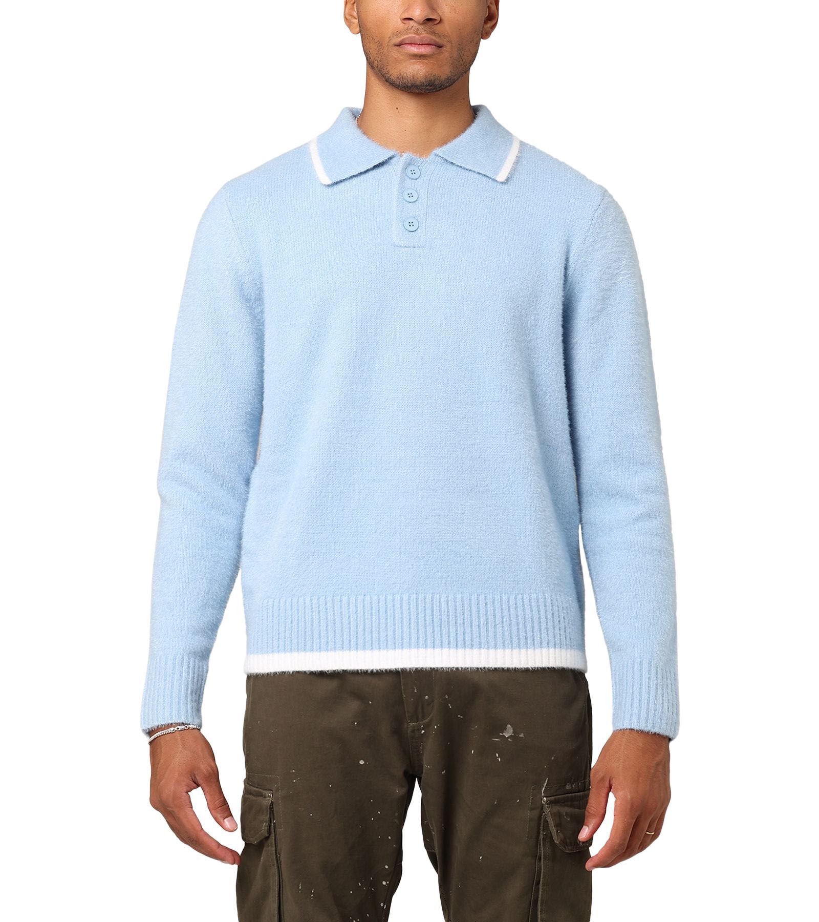 XXIII Men's Fluffy Long Sleeve Polo Shirt- Blue, 2XL