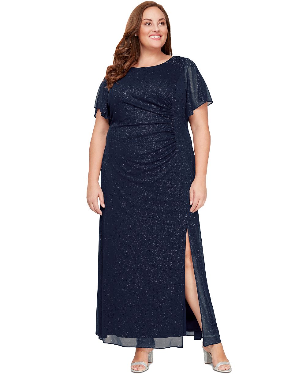 SL Fashions Women's Plus Size Flutter-Sleeve Side-Ruched Glitter Gown