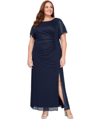 SL Fashions Women's Plus Size Flutter-Sleeve Side-Ruched Glitter Gown