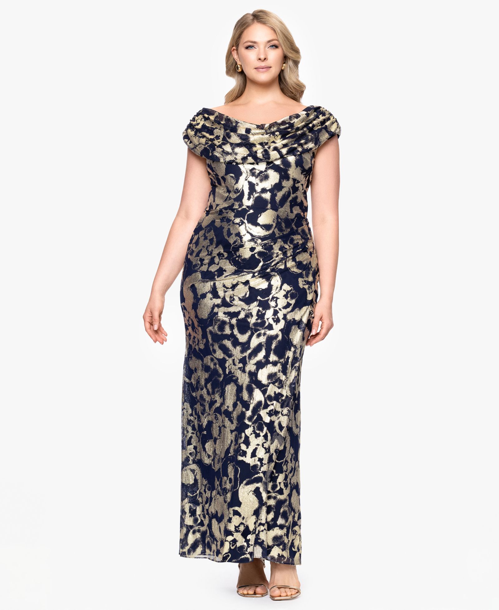 Betsy & Adam Plus Size Metallic Print Cowlneck Gown