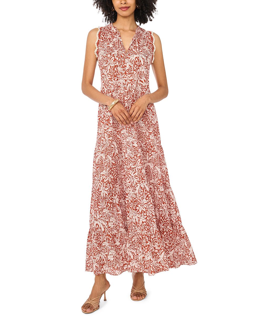 Vince Camuto Women's Printed Sleeveless-Crocheted-Trim Maxi Dress