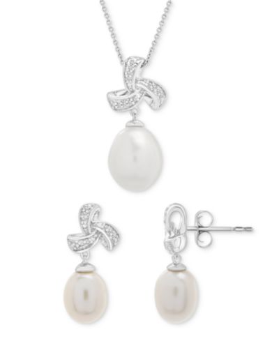 Cultured Freshwater Pearl & Diamond (1/10 ct. t.w.) Pendant Necklace & Drop Earrings Set in Sterling Silver