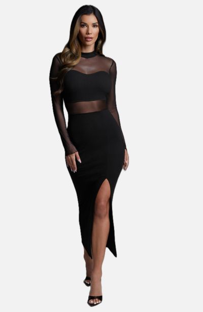 Bebe Women's Rib Mock Neck Maxi Dress with Powermesh