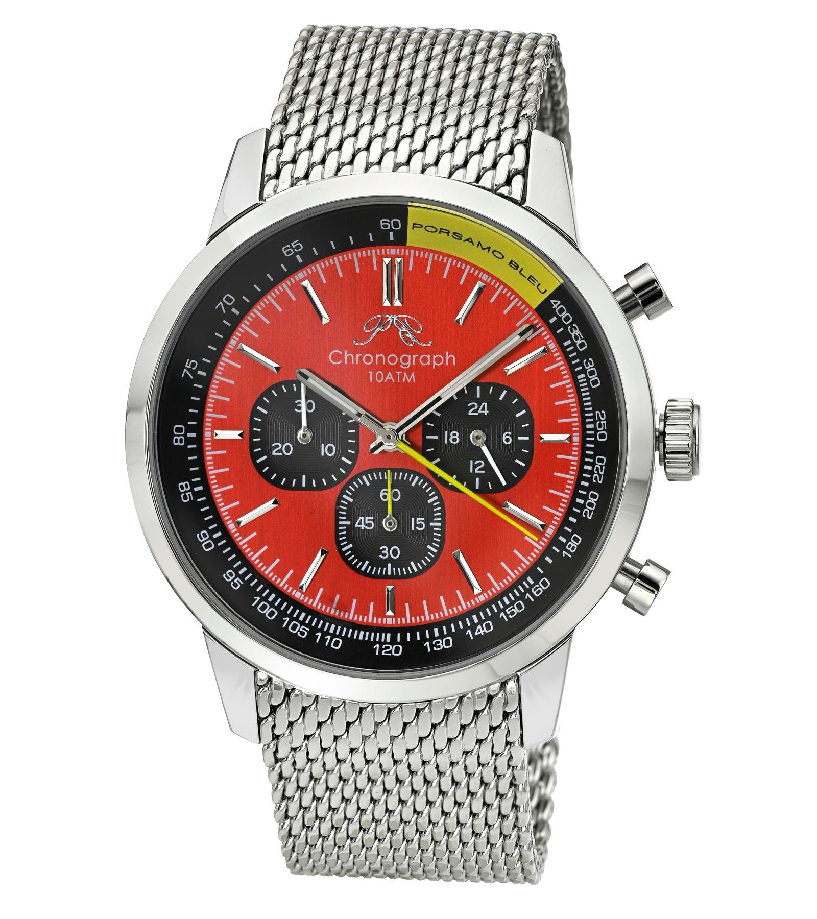 Porsamo Bleu Мужской Simon Chronograph Silver Tone Stainless Steel Bracelet Red Dial Watch 44 mm