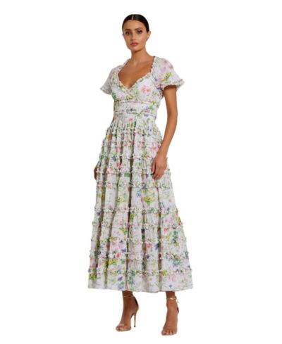 Mac Duggal Женское хлопковое платье с коротким рукавом, V-образным вырезом и открытой спиной, цветочный принт
