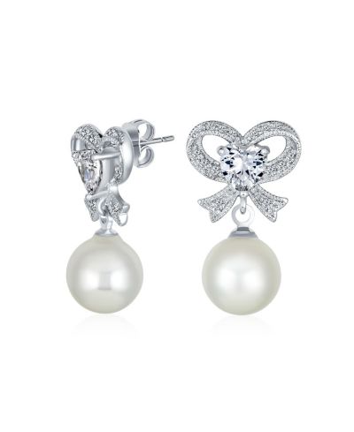 Bling Jewelry Victorian Style Bridal White Faux Pearl Bow Drop Earrings Silver Plated