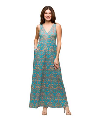 24seven Comfort Apparel Women's Sky Blue Sleeveless V Neck Maxi Dress with Pockets