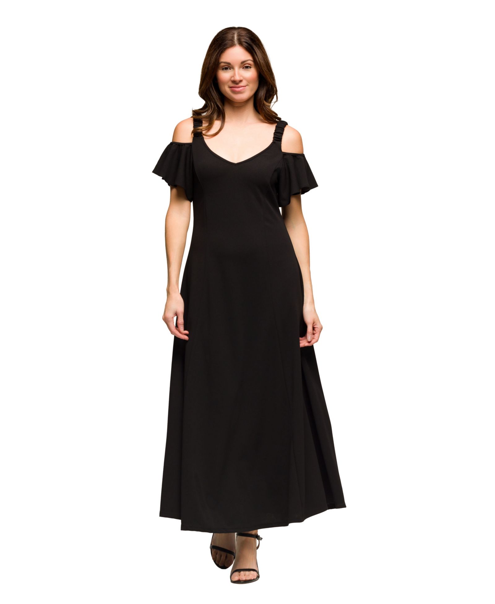 24seven Comfort Apparel Женское платье Maxi A Line с рюшем на рукаве, холодное плечо