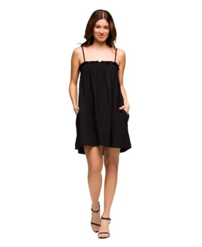 24seven Comfort Apparel Women's Square Neck Spaghetti Strap Smocked Pocket Mini Dress