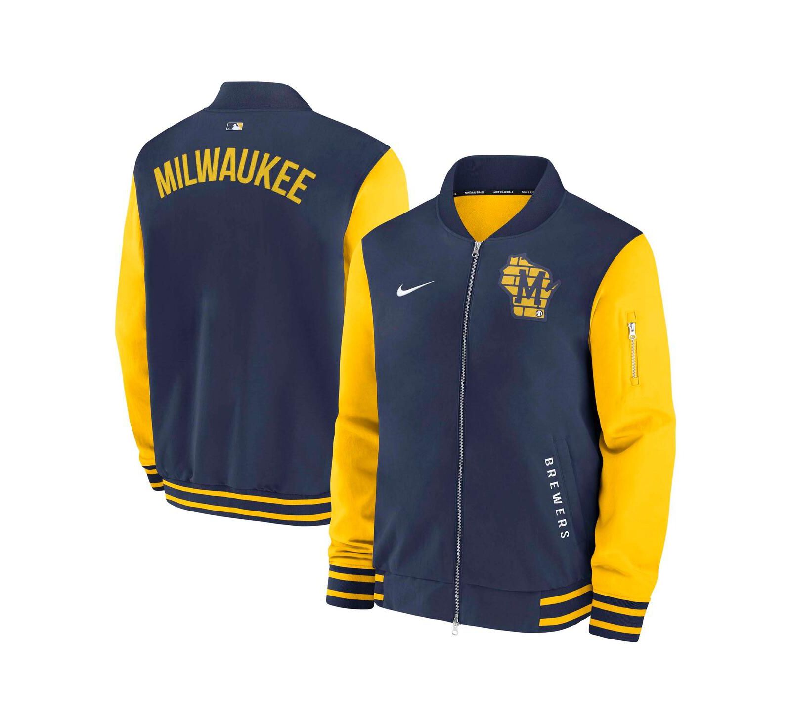 Nike Men's Navy/Gold Milwaukee Brewers Authentic Collection Dugout Full-Zip Bomber Jacket