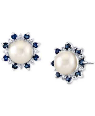 Серьги-гвоздики с пресноводным жемчугом (8mm), голубым сапфиром (1 ct. t.w.) и бриллиантом (1/8 ct. t.w.) в белом золоте 14k