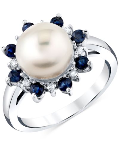 Macy's Кольцо с натуральным речным жемчугом (9mm), голубым сапфиром (5/8 ct. t.w.) и бриллиантовым акцентом, 10k White Gold
