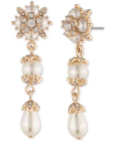 Серьги Marchesa Gold-Tone Crystal & Imitation Pearl Linear Drop