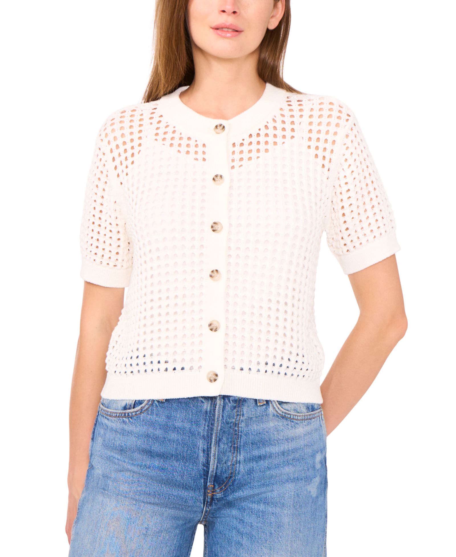 CeCe Женский Texture Mesh Short-Sleeve Cardigan