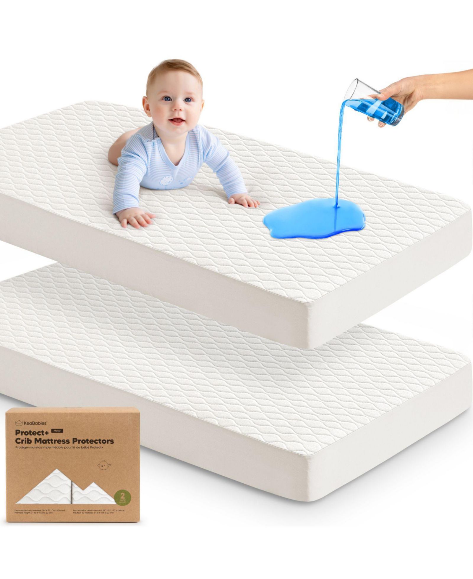 KeaBabies 2-Pack Protect+ Waterproof Crib Mattress Protector Covers, Mavy Quilted Cotton Baby Mattress Topper, Toddler Crib Sheets