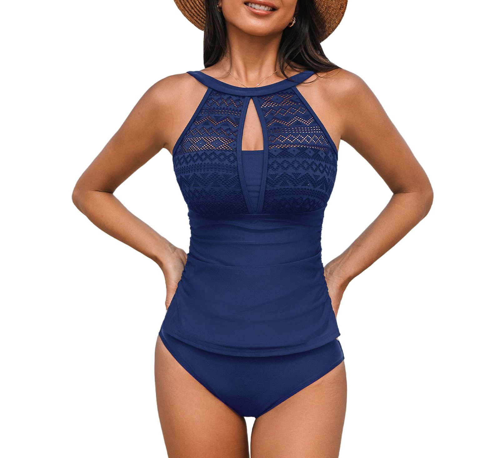Cupshe Women's High Neck Mesh Cutouts Adjustable Straps Tankini Sets