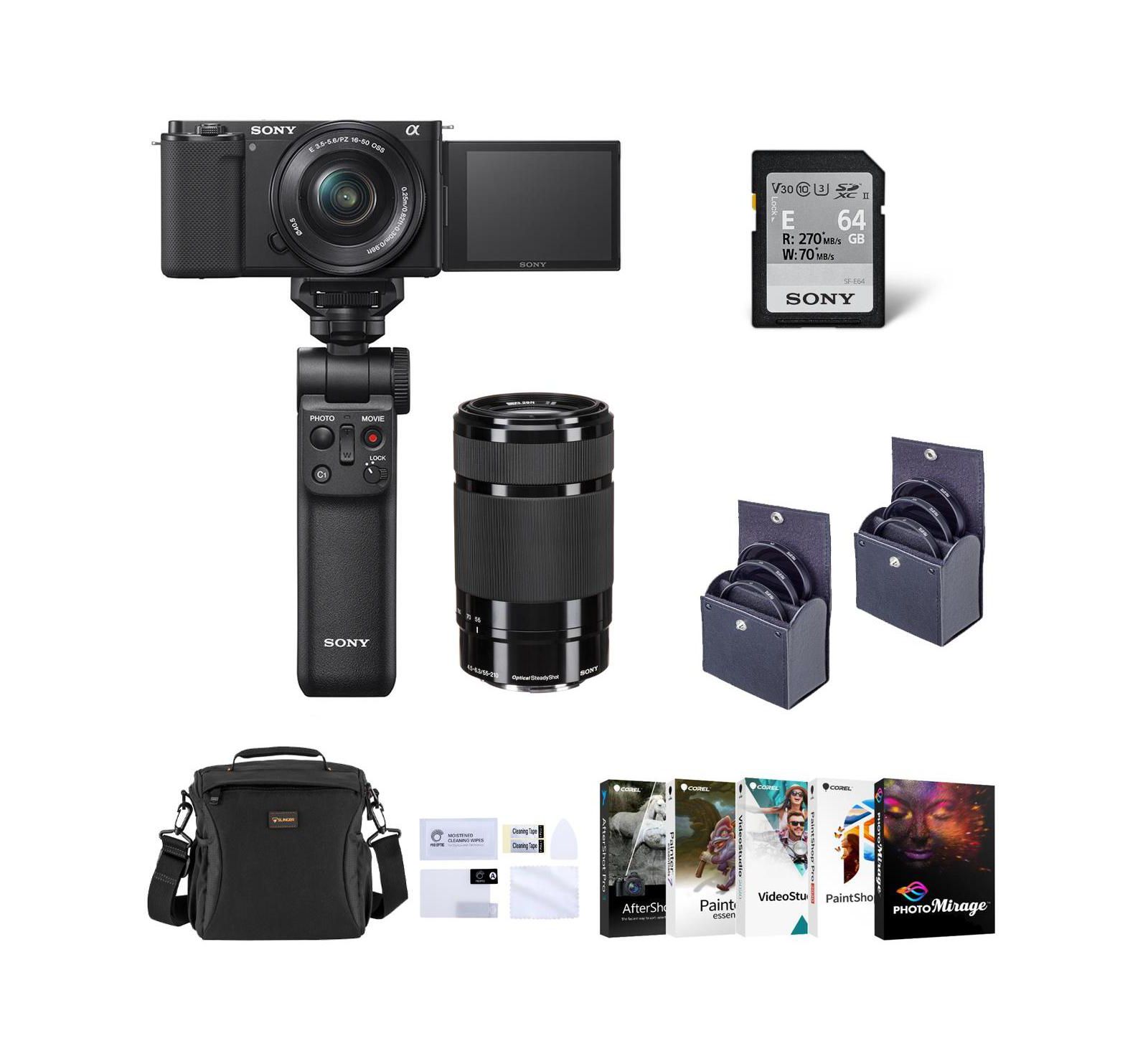 Sony Sony ZV-E10 Беззеркальная камера для влогов с объективом 16-50mm Black - Комплект с объективом 55-210mm, набором аксессуаров для влога, ПО Corel PC, сумкой, защитным экраном и набором фильтров 49mm & 40.5mm