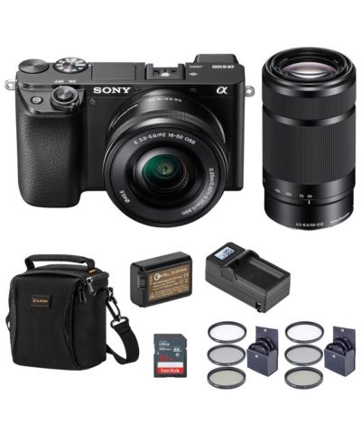 Sony Alpha A6100 беззеркальная камера комплект с объективами 16-50mm & 55-210mm, набор фильтров, аккумулятор, зарядное устройство, сумка и SD-карта 32GB