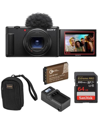 Камера для влогов Sony ZV-1 II для создателей контента и влогеров, комплект с дополнительным аккумулятором, умным зарядным устройством с экраном и SD-картой 64GB, Slinger Camera