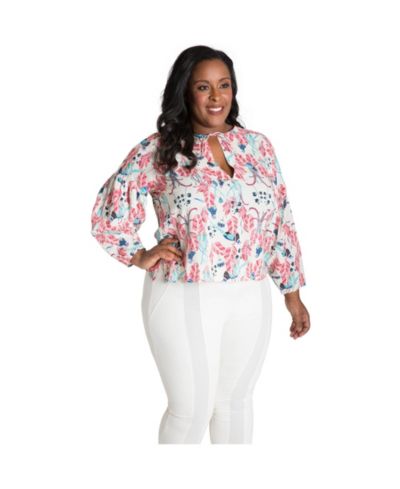 Poetic Justice Женский топ Plus Size Puff Sleeve Tie-Neck Peacock Print