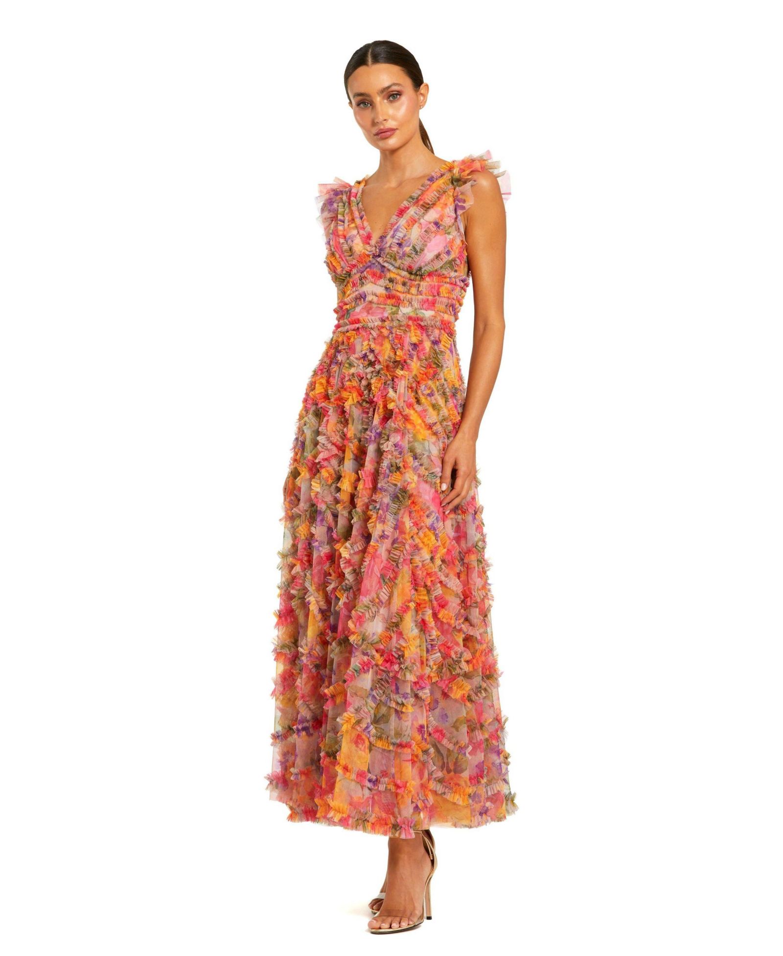 Женское платье Mac Duggal Floral Mesh Ruffle V Neck