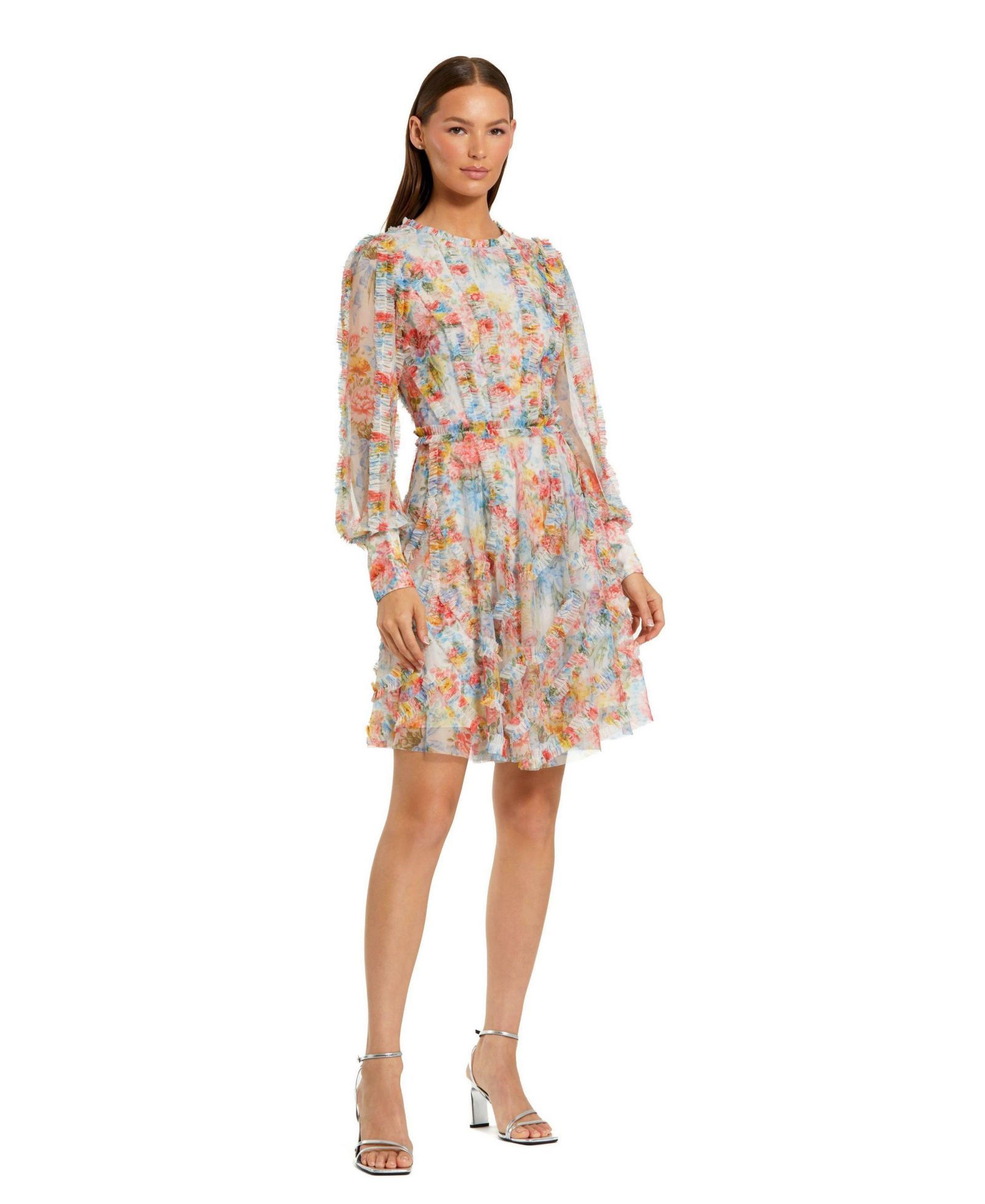 Женское мини-платье Mac Duggal Floral Mesh Ruffle High Neck