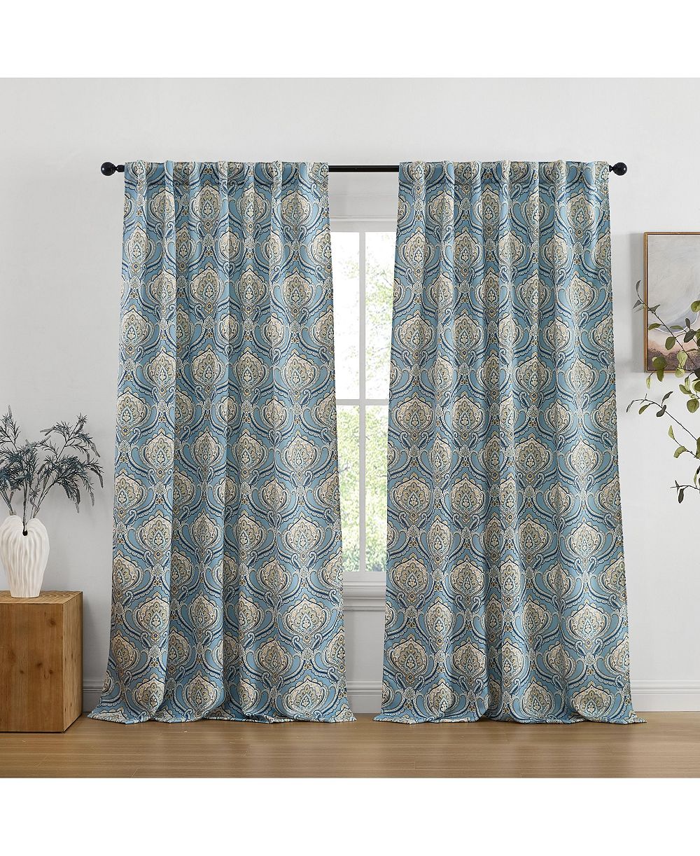 HLC.ME Messina Paisley Damask Patterned Back Tab Rod Pocket Curtains - Light Blocking Darkening Window Panels, Set of 2 (Blue/Yellow, 52 W x 84 L)