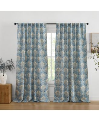 HLC.ME Messina Paisley Damask Patterned Back Tab Rod Pocket Curtains - Light Blocking Darkening Window Panels, Set of 2 (Blue/Yellow, 52 W x 84 L)