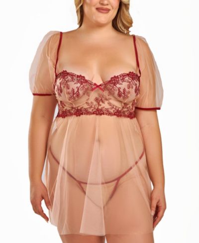 iCollection Plus Size Soft Cup Embroidered Mesh Bbdoll Lingerie Set